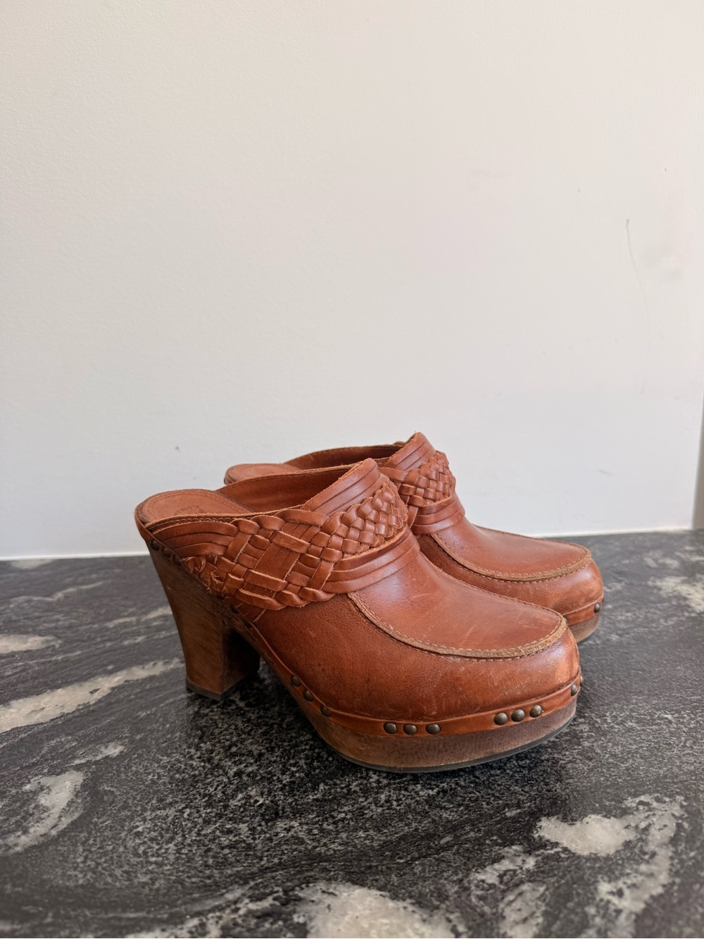 Frye Tan Leather Woven Clog Heels